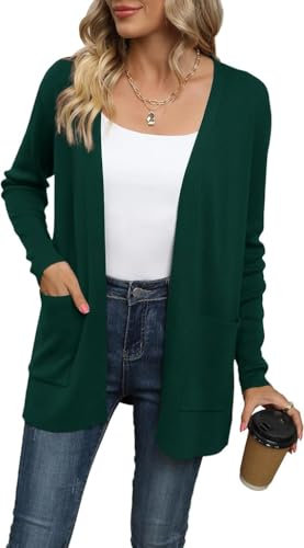 Yommay Cardigan da donna elegante casual leggero donna autunno manica lunga maglione con tasche, verde scuro, L