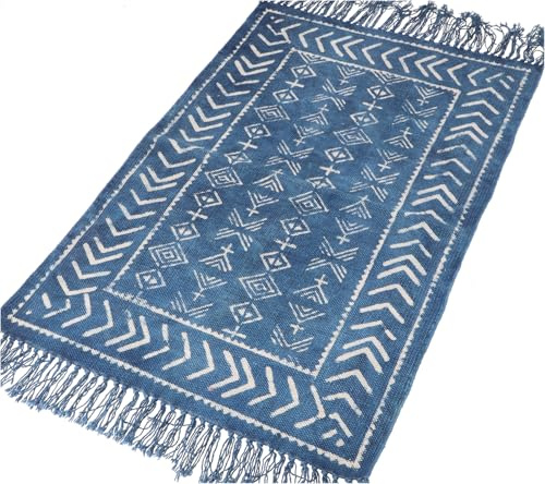 Handgewebter Blockdruck Teppich, indischer Baumwollteppich, indigo #2