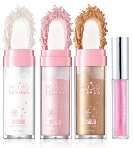 Fairy Highlighter Patting Puder + Lipgloss Set, 3 Stück Polvo de Hadas & Lip Gloss Schimmer, Highlighter Stick Hochpigmentiert & Wasserfest, Lippenöl & Konturenstift & Rouge Stick & Gesicht Brighten