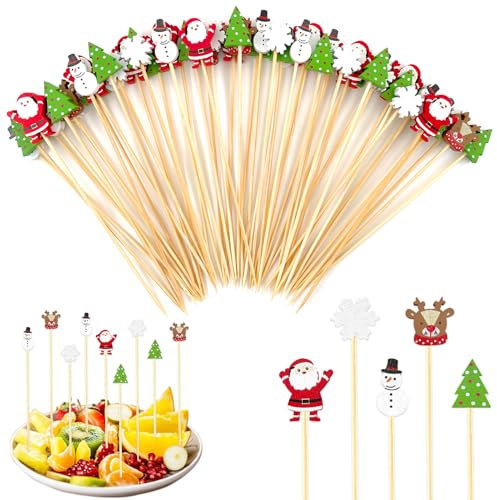 GreenYeah 100PCS Navidad Palillos de Cóctel, Navidad Pinchos de Cocktail, Palillos para Cócteles Navideños, Palitos de Cóctel de Navidad, Brochetas Cocktail para Fruta Aperitivos Bebidas Decoración