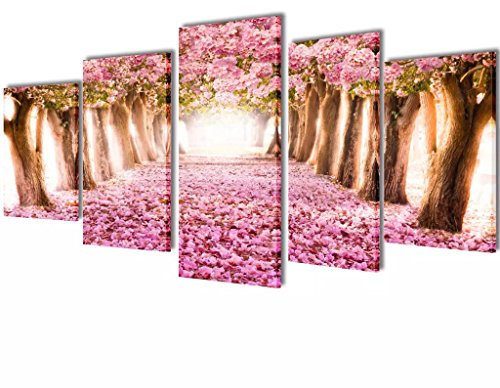 Brokky 5 pz Set Stampa su Tela da Muro Fiori di Ciliegio 200 x 100 cm-Quadro Astratto,Stampa su Tela Immagini Moderni Murale Fotografia Grafica Decorazione da Parete