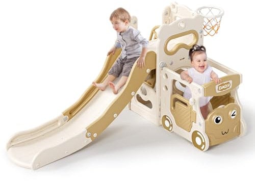 Toboggan pour Enfants,Toboggan d'intérieur 4 en 1 pour Enfants,avec Panier de Basket,Rangement pour tête de Voiture, Cadre d'escalade,Toboggan Extra Long de 1950 mm(Beige-Marron)