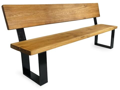 H. Pawlik GmbH Sitzbank Woodhood, aus Massivholz Eiche und einem stabilen Stahlgestell, Holzbank mit Rückenlehne, geölt für Innen und Außen (170 cm breit)