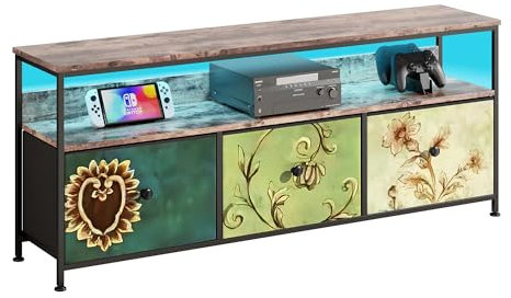 Luminarix Mueble de TV con 4 cajones de tela, estilo vintage, marco de metal, 3 estantes, para televisores de hasta 60 pulgadas, 137 cm, multicolor