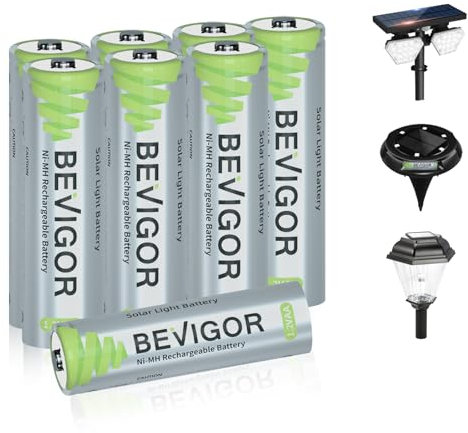 BEVIGOR 8 Piles Rechargeables Solaires AA 1000mAh 1.2V NiMH, Haute Performance, pour Lampes Solaires Extérieures Et Guirlandes Lumineuses