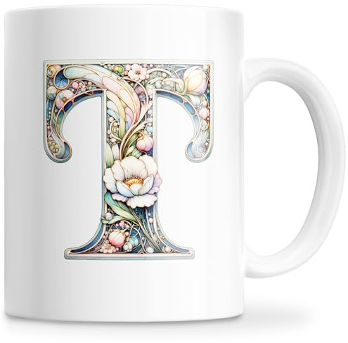 Taza Personalizada con Letra Inicial del Nombre - Taza Cerámica 350ML con Motivo Floral, Regalos Originales para Mujeres, Mamá, Amigos - Apta para Lavavajillas y Microondas (T)