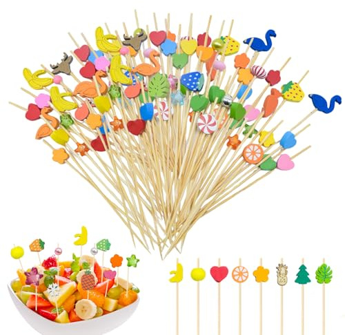 GTNCE 300 Stück Cocktailspieße Holz, 12cm Cocktail Sticks, Spieße Fingerfood, Cocktail Deko – Mit Herz, Bunt, Tropischen Motiven, Holz Zahnstocher für Bar & Kuchen Deko, Party, Hochzeit und Fasching