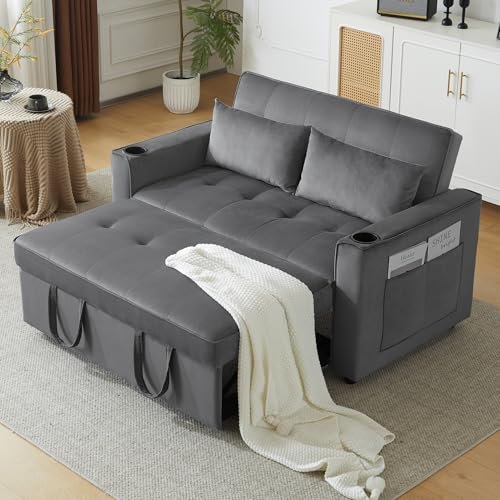 A ALFRESCOOL Schlafsofa 2 Sitzer Sofa mit Schlaffunktion, Klappbares 3-in-1 Schlafcouch mit Verstellbarer Rückenlehne, Getränkehalter und Kissen, Beige 137 x 76.5 x 83 cm Grau
