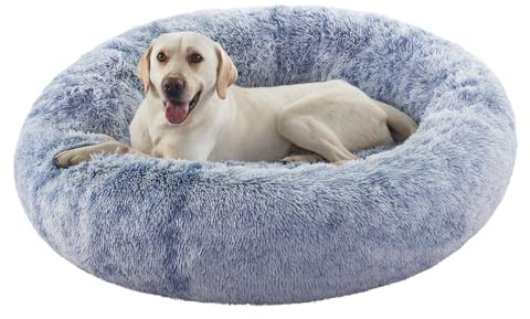 BedStill 90 cm Donut-Hundebett für extra große Hunde, beruhigendes flauschiges rundes Jumbo-Haustierbett mit abnehmbarem und waschbarem Bezug, für Tiere bis 18 kg (Dunkelblau, XL)