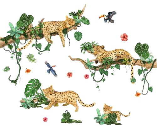 Wandtattoo Safari Tiere Leopard Wandaufkleber Dschungel Tiere Geparden Wandsticker für Kinderzimmer, Babyzimmer, Schlafzimmer – Abziehbar, Wasserdicht, DIY Wanddeko