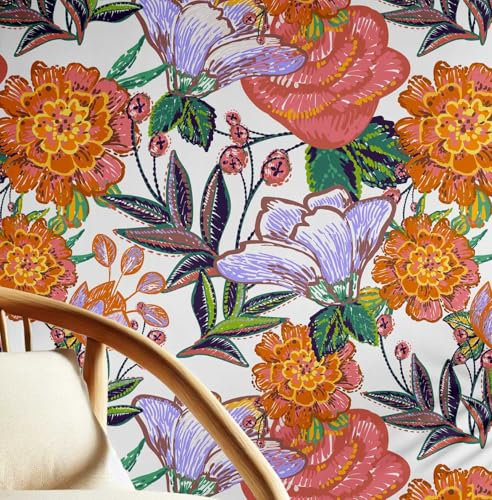 S4Sassy Revestimiento de pared autoadhesivo, con estampado floral chic folk, texturizado y extraíble, en naranja,renovar paredes al instante, para baño y lavandería, autoadhesivo, 63 x 304 cm