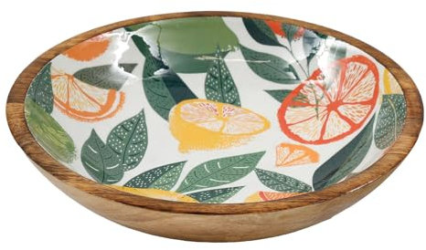 Large White Citrus Zest Wooden Fruit Bowl | Mango Wood Enamel Salad Bowl | Decorative Serving Dish - 30cm