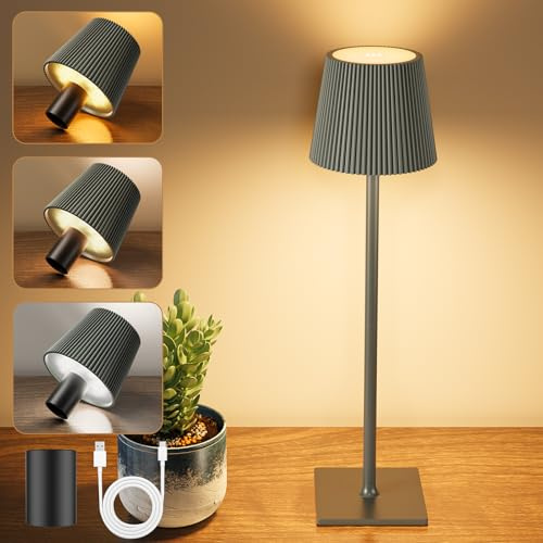 YICAIZI LED Tischlampe Kabellos Akku Tischlampen mit Flaschenverschluss Stufenlos Dimmbar Aufladbar Tischleuchte mit 3 Farbtemperatur für Outdoor, Wohnzimmer, Schlafzimmer, Nachttisch, Grau