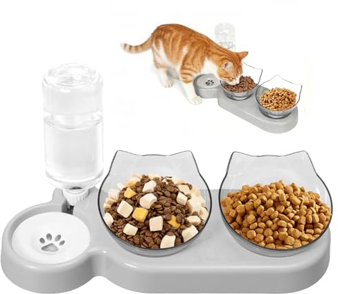 3-In-1 Cat Food and Water Bowl Set,Cat Bowls With Stand,Double Dog Bowls and Gravity Water Dispenser for Pet,Pet Feeding Station for Dogs Cats