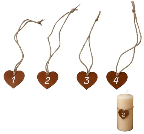 Adventszahlen Herz Set 1–4 aus Edelrost – Adventsdeko Herz Anhänger mit Juteband – Zahlen 1 bis 4 für Adventskranz, Kerzen - Weihnachtsdeko – Rost Deko Metall Herzen