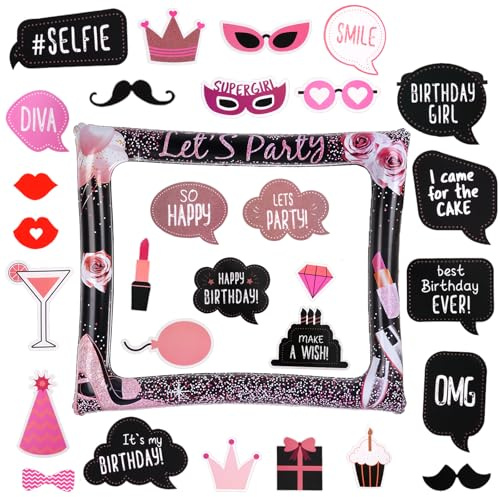 Rose Gold Inflatable Photo Frame, 31 Pcs Photobooth Party Props Kit with Selfie Frame, Mustache, Lips, Glasses, Selfie Booth Decorations for All Ages Boys Girls Women Men Birthday Party Supplies