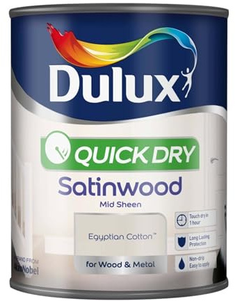 Dulux Quick Dry Satinwood Paint Egyptian Cotton, Mid Sheen Finish, Fast Drying, Interior & Exterior, Suitable for Wood and Metal Surfaces, 750ml