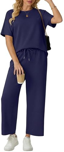 GRECERELLE Tuta da jogging in due pezzi da donna, estiva, a maniche corte, casual, girocollo, maglietta e pantaloni da jogging larghi con tasche