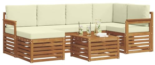 vidaXL Sofagarnituren 7 pcs Natur und Creme Massivholz Akazie, Gartenmöbel, modernes Sofa für draußen, modulare Loungemöbel, langlebige Terrassensitze und Komfort