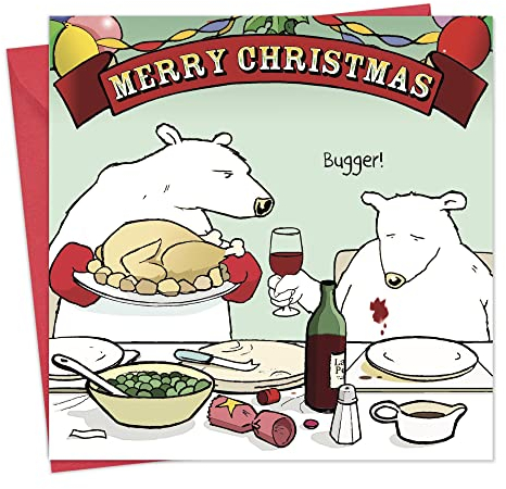 twizler Merry Christmas Karte mit Polar Bär, Wein, Weihnachten Abendessen und Kerl - Happy Christmas - Xmas Karte - Funny Christmas Card - Damen Weihnachten - Herren Weihnachten Karte