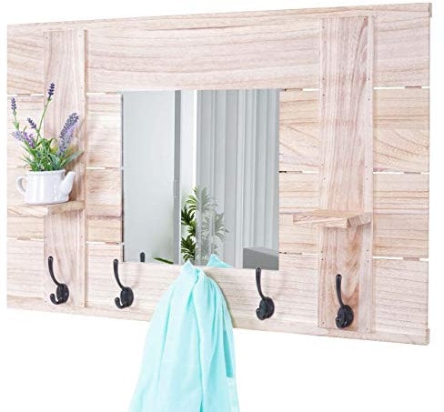 Mendler Wandgarderobe HWC-C89 mit Spiegel, Garderobenpaneel Garderobe, Shabby-Look Vintage, 5 Haken 90x60cm - naturbraun