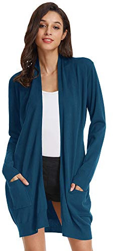 GRACE KARIN Damen Strickjacke Langarm Elastisch Offene Lang Knitwear Cardigan mit Taschen Strickmantel M Cerulean