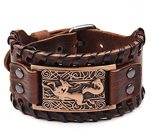 Thajaling Braunes Lederarmband Wikinger Fuchs Keltischer Knoten Irische Manschette Breite Lederarmbänder Punk-Stil Armband Armreif Armbänder, Einheitsgröße, Leder