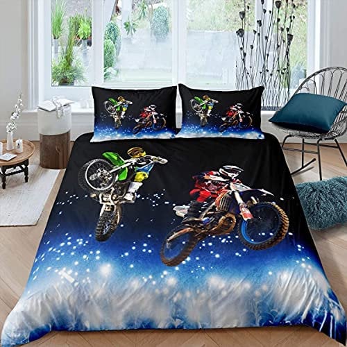 Homemissing Motocross Rider Bedding Set for Kids Boys Teens Extreme Sports Comforter Cover Motorcycle Competitive Games Duvet Cover Dirt Bike Motorbike Bedspread Double 3Pcs