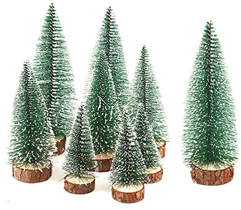 Yisscen 9pcs Sapin de Noel Miniature, Sapin de Noel Artificiel, Mini Arbre de NoëL Sisal Arbres avec Socle en Bois, pour Decoration Interieur Maison, Noel Decoration, Village de Noel