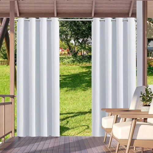 HUAXIQUE Outdoor Vorhang Wasserdicht Wetterfest Blickdicht 155X215cm Weiß Verdunklungs Vorhänge mit Ösen Sichtschutz Sonnenschutz Outdoor Gardine für Balkon Terrasse Pergola Gartenlaube Veranda