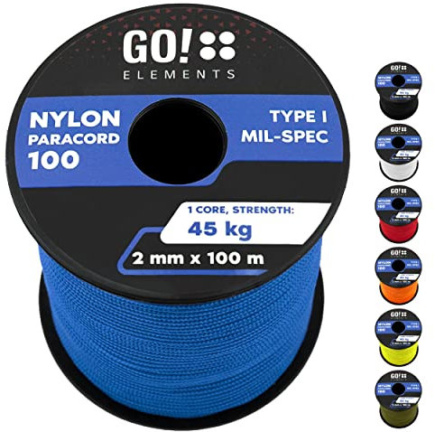 GO!elements 100m Paracord 2mm Seil aus reißfester Nylonschnur - Paracord 100 Typ I Survival Schnur - Reißfest bis 45kg - geeignet als Allzweckseil, Reepschnur, Kordel, Maurerschnur, Farbe: Blau