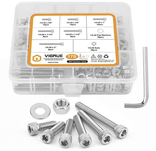 1/4-20 Hex Socket Head Cap Screw, VIGRUE 175PCS UNC Hexagon Bolts Washers Nuts Assortment Kit Machine Screws Set Stainless Steel 18-8 (304), Length from 5/8 to 2