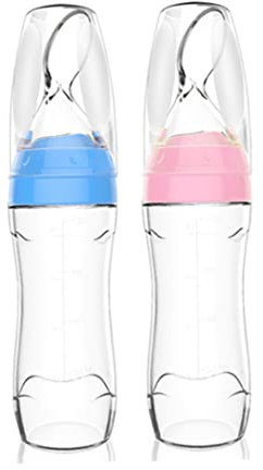 Ouken Silicone Squeeze Rice Cereal Feeding Bottle with Spoon, Blue, 1pc