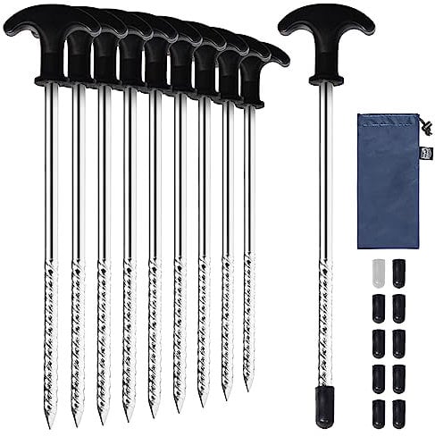 TIMBER RIDGE Zeltheringe Stahl x10 mit Schutzkappe Heringe Erdnägel Stabil Harter Boden Schraubheringe Lange Heringe 22cm für Wald, Wiesen, Gras, Sandboden