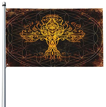 Golden Viking Norse Yggdrasil Tree Life Gartenflagge Polyester Banner mit Ösen 3x5 Ft Yard Hausflagge für Garten Terrasse Rasen Yard