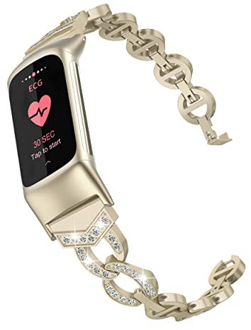 Wearlizer Armband Kompatibel mit Fitbit Charge 6/Charge 5 Damen, Metall Ersatzarmband, Verstellbare Premium mit Bling Dressy Cute Uhrenarmbänd Ersatzarmband für Charge 6/Charge 5, Weiches Gold