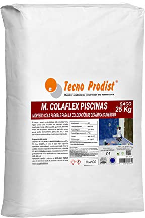 M-COLAFLEX PISCINAS de Tecno Prodist (SACO 25 Kg) Adhesivo cementoso mejorado flexible ideal para la colocación de baldosas en contacto permanente con agua como piscinas, depósitos agua, etc