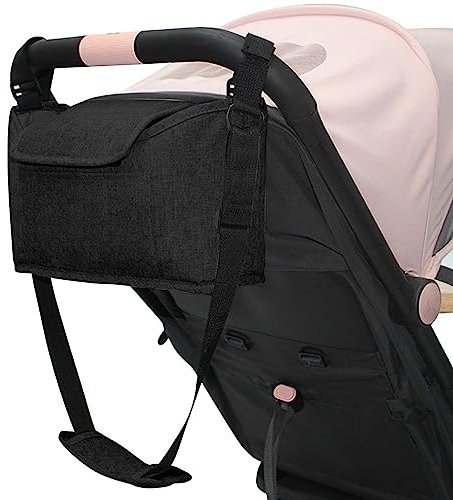 Kinderwagen Organizer Universal, Baby Stroller Bag mit Schultergurten, Kinderwagentasche Buggy Tasche Baby Multifunktionale Aufbewahrungstasche mit 2 Getränkehalter (Schwarz)