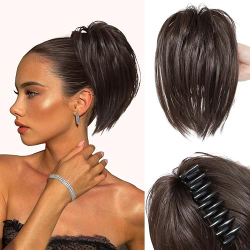 Colorfulpanda 26cm Pferdeschwanz mit Klammer Glatt Kurz Clip in Claw Haargummi Haarteil Ponytail Natürliches Kunsthaar Haar Haarverlängerunge Unordentlich Dutt dunkelbraun für Damen Mädchen