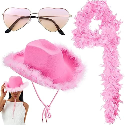 Stronrive Chapeau de Cowboy Rose pour Femme - Chapeau de Cow-Girl Moelleux avec Plumes et Bordure en Fourrure - Chapeau de Cow-Boy Rose à la Mode Respirant pour Photographie Vacances Mariage fête