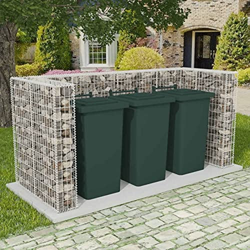 Homgoday Gabione Mülltonne 3 Mülltonnen Einfassung Stahl 250x100x120cm Gabionenkörbe Metall Gabione Käfige für Steine Garten Dekor Wand Trennwand Set