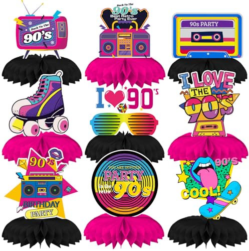 Qpout 9 pz Anni ' 90 Retro Centrotavola A Nido D'ape Torna agli anni '90 Festa Toppers 90 's Retro Party Supplies 90's Vintage Centrotavola per 1990 Hip Hop A Tema Festa Nostalgica