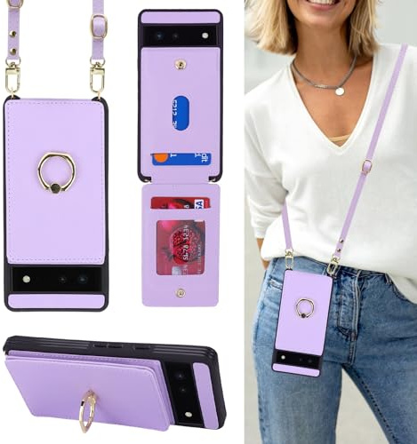 Ｈａｖａｙａ Coque Google Pixel 6 avec Cordon RFID Porte Carte Portefeuille Étui Google Pixel 6 avec Cordon Anneau Telephone Portable Réglable Collier Housse Etui pour Femmes - Violet