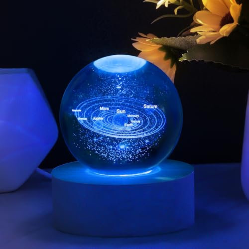 HOTUT 3D Kristallkugel Nachtlicht, Sonnensystem Planeten Kristallkugel, USB Aufladung,6cm LED Bunte Nachtlicht für Weihnachts Geburtstag Oster Valentinstag Astronomie Geschenk