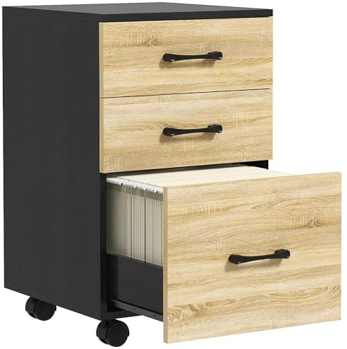 HOMCOM Cassettiera Ufficio con 3 Cassetti e Ruote, Mobiletto Portadocumenti con Barre Regolabili per Formato A4 e Lettera, Rovere e Nero