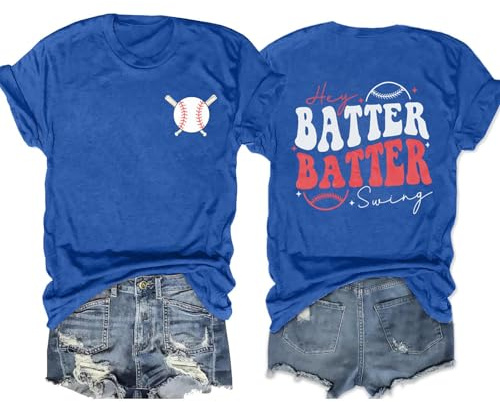Baseball Game Day Shirt Women Funny Baseball Mom Hey Batter Batter Swing T-Shirt Tee Sports Casual Short Sleeve Tops-Blue L