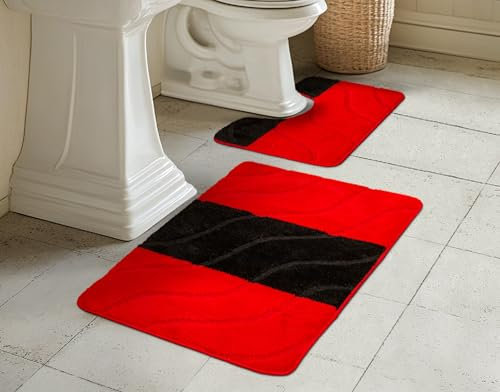 AKCILA Fiori Bad Teppich Rot, 2-teiliges Set Badezimmerteppich, Badematte bunt, Bad Vorleger waschbar, Rechteckig Badewanne rutschfest, Badematten & Badteppiche, Bathroom Rug, Badezimmer Teppiche