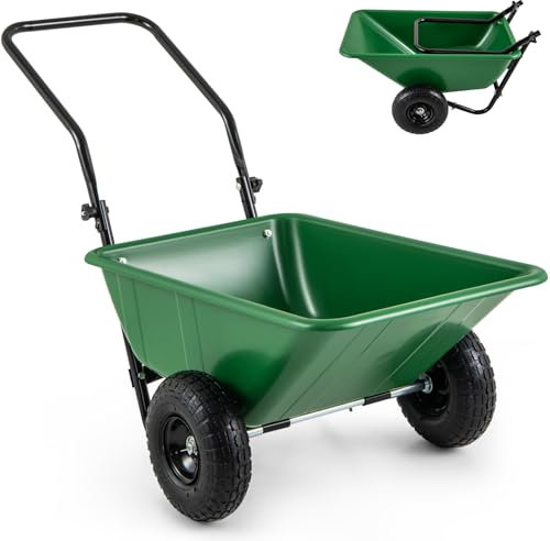 GiantexUK 2-Wheeled Wheelbarrow 80L, Garden Cart with Foldable Handle & Twin Pneumatic Tyres, Heavy-duty Metal Garden Trolley Handcart for Tools Plants Transport (Green+Black)