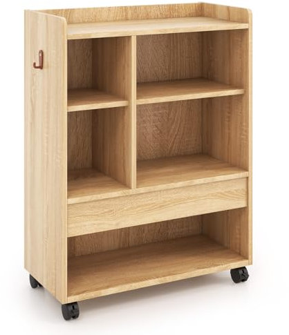 GOPLUS mobiler Aktenschrank, Rollcontainer mit Schublade, offenen Ablagen & Haken, Büroschrank Bürocontainer Beistellschrank für Büro & Wohnzimmer, 63,5 x 30 x 84,5 cm (Natur)