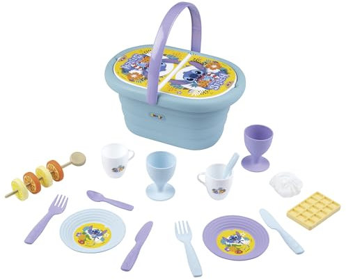 Smoby Cesta de Picnic Stitch - 19 Accesorios incluidos, con Tapa de 2 Partes, asa ergonómica, óptimo para niños a Partir de 3 años (7600312510)